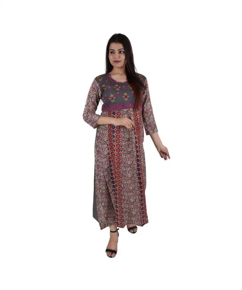 Womens rayon gray straight round neck ankle length kurti
