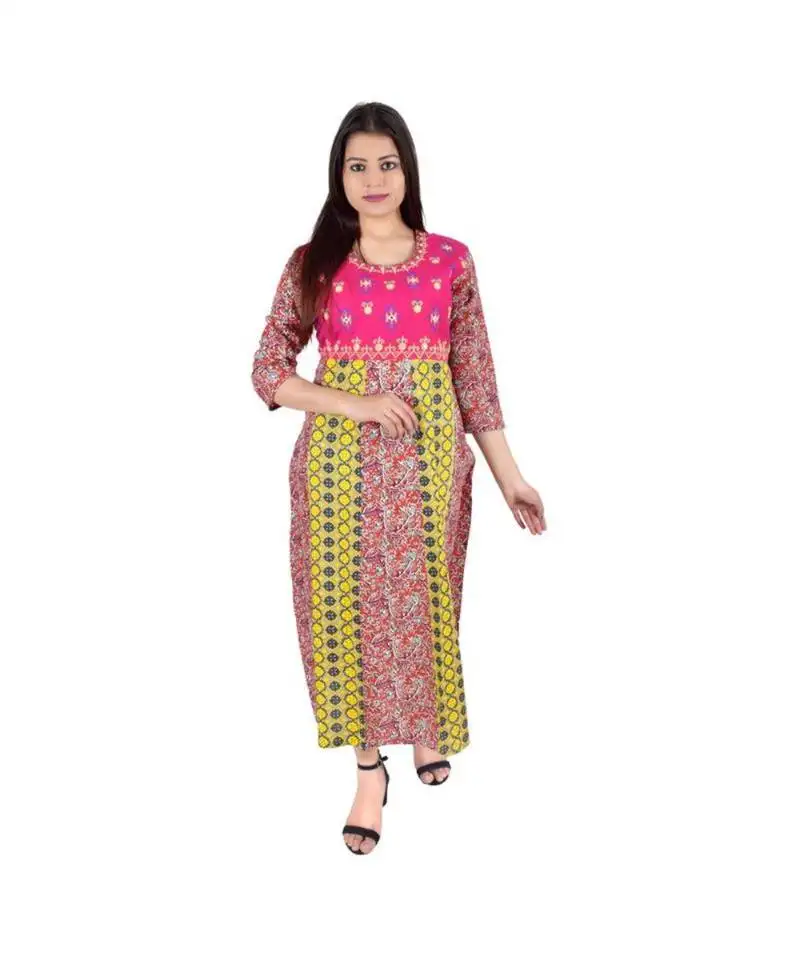 Womens rayon pink straight round neck ankle length kurti