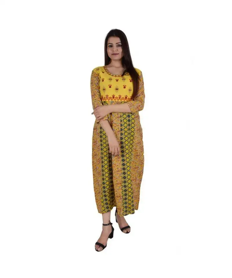 Womens rayon yellow straight round neck ankle length kurti