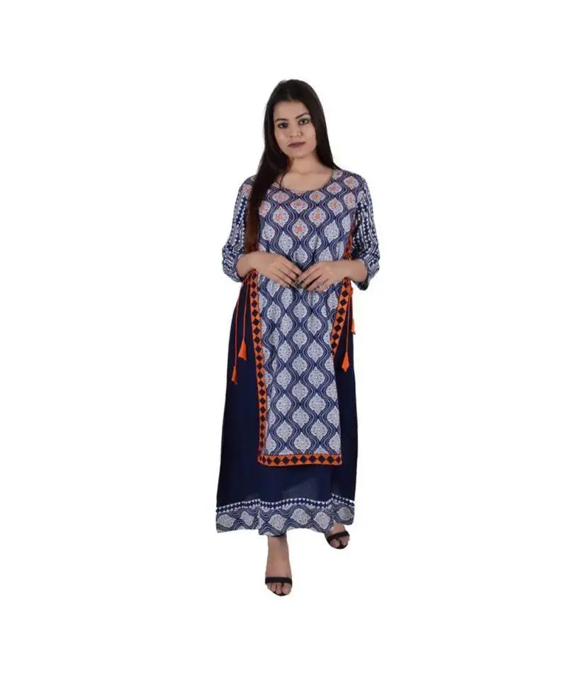 Womens rayon blue straight round neck ankle length kurti