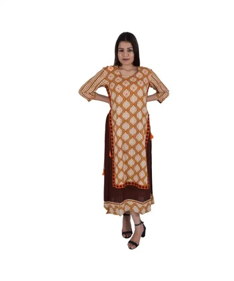 Womens rayon brown straight round neck ankle length kurti