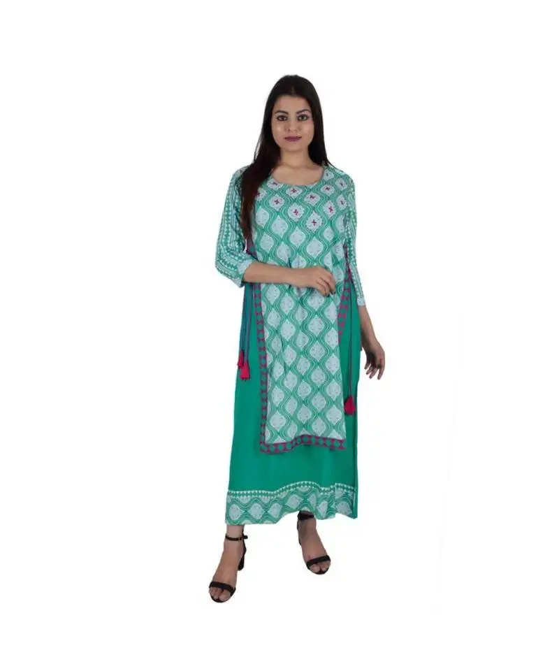 Womens rayon green straight round neck ankle length kurti