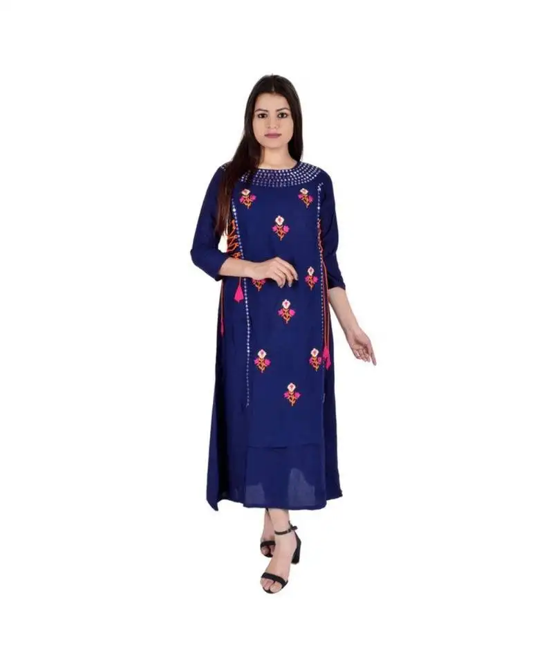 Womens rayon navy straight round neck ankle length kurti