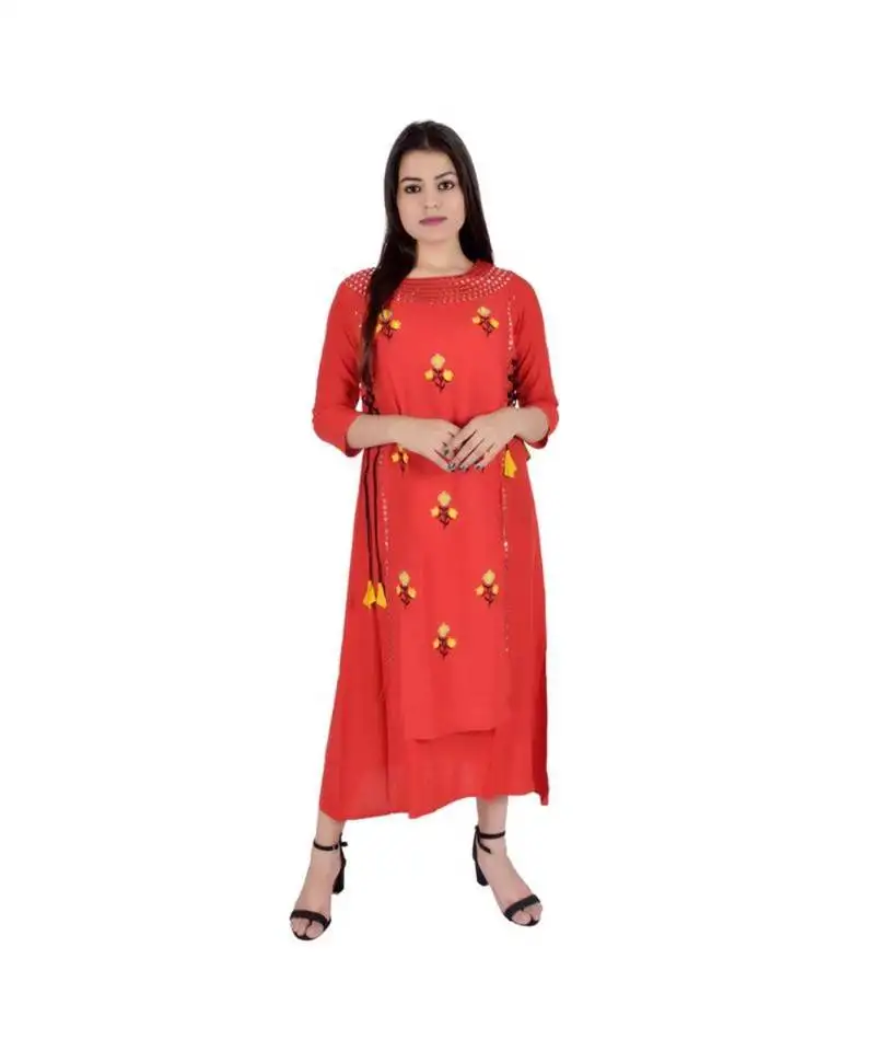 Womens rayon red straight round neck ankle length kurti