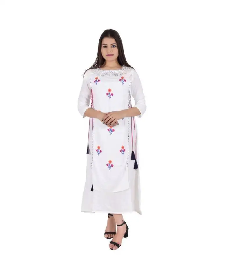Womens rayon white straight round neck ankle length kurti