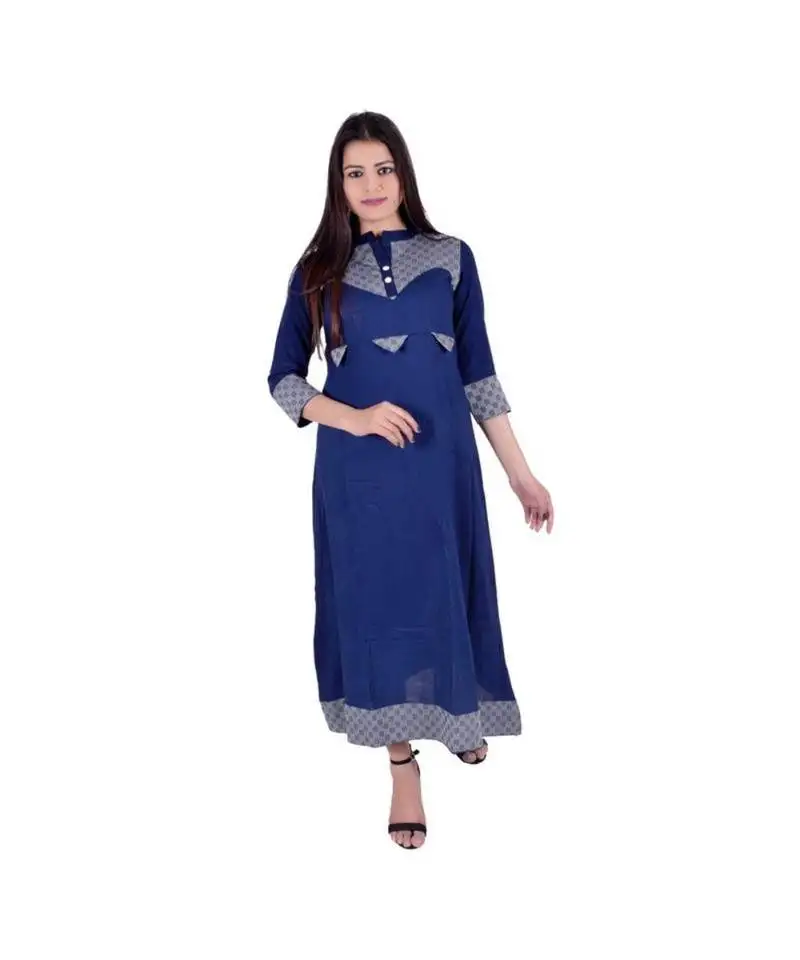Womens rayon blue straight mandarin neckankle length kurti