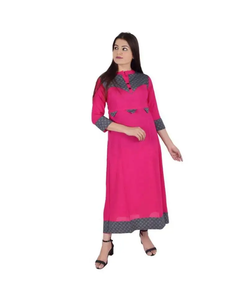 Womens rayon pink straight mandarin neckankle length kurti