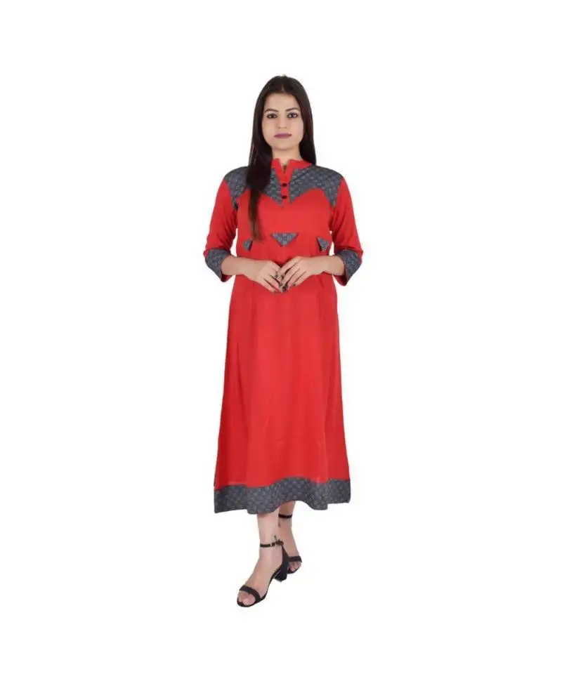 Womens rayon red straight mandarin neckankle length kurti