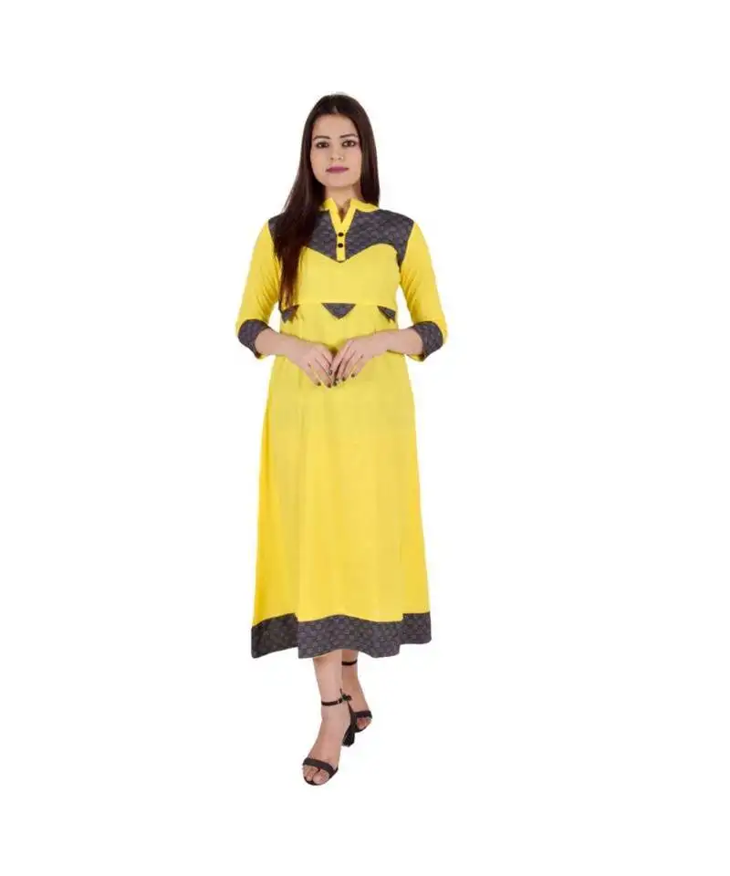 Womens rayon yellow straight mandarin neckankle length kurti