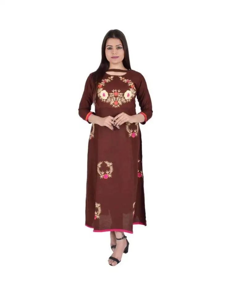 Womens rayon brown straight chinese neckankle length kurti