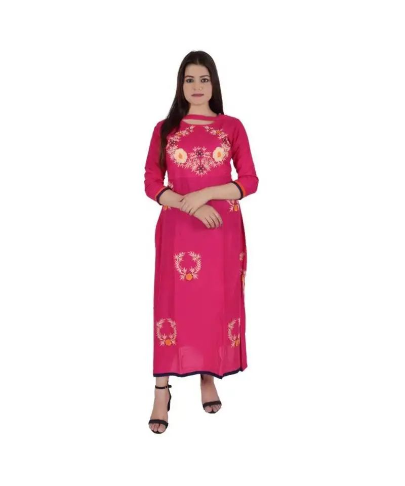 Womens rayon pink straight chinese neckankle length kurti