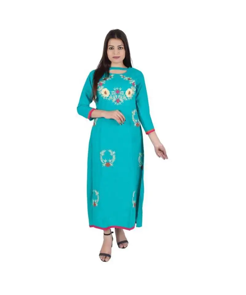 Womens rayon turquoise straight chinese neckankle length kurti