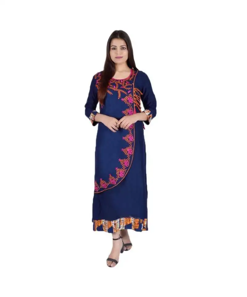 Womens rayon navy straight boat neckankle length kurti