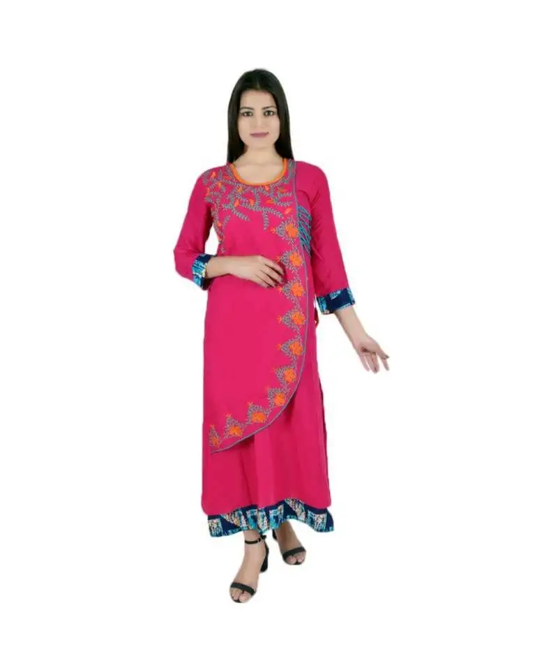 Womens rayon pink straight boat neckankle length kurti