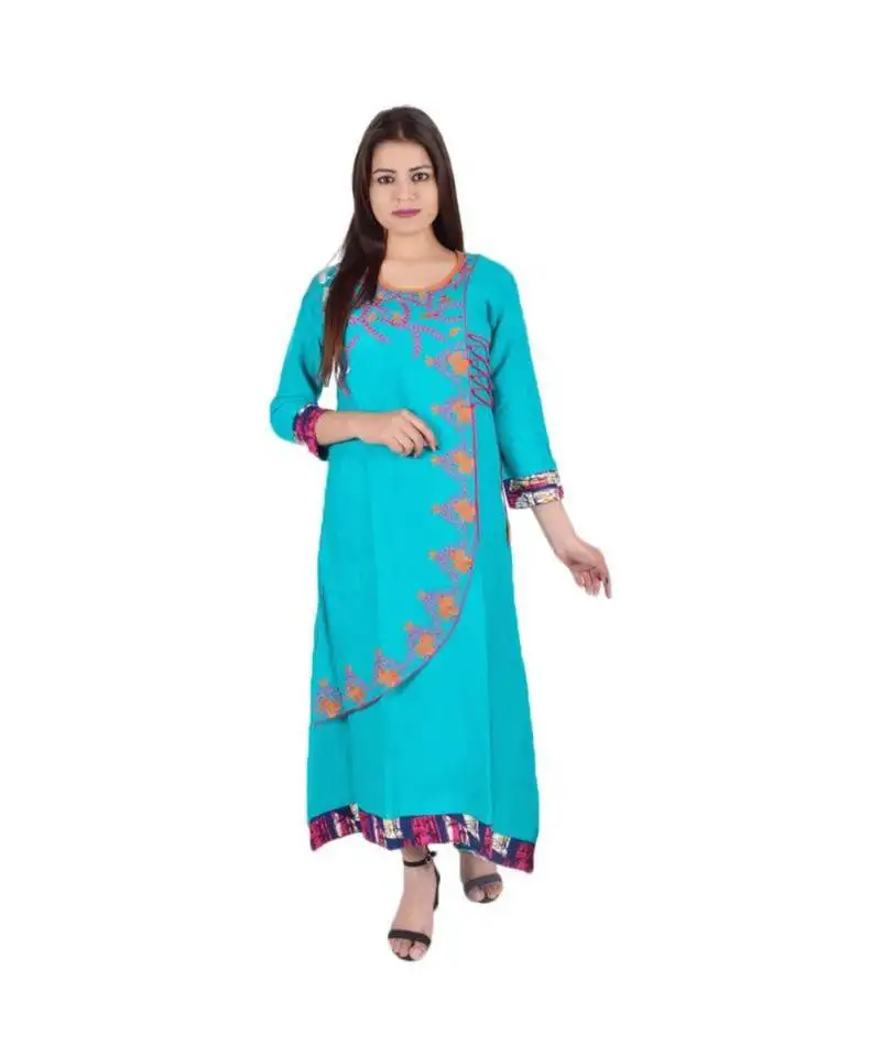 Womens rayon turquoise straight boat neckankle length kurti