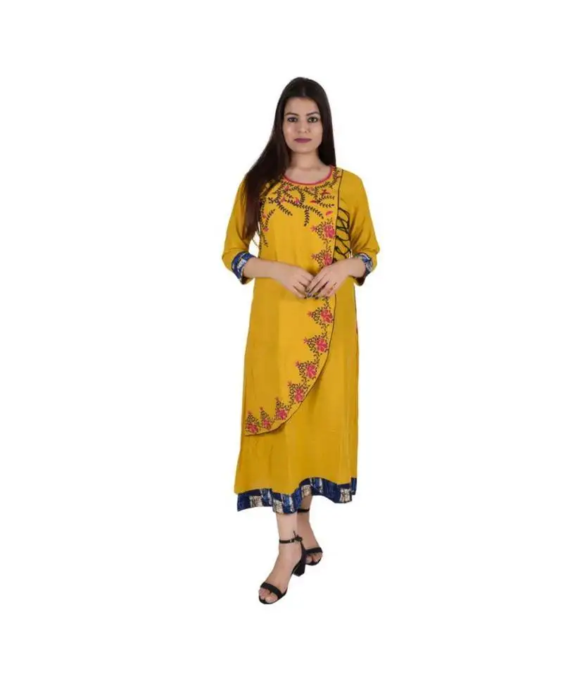 Womens rayon yellow straight boat neckankle length kurti