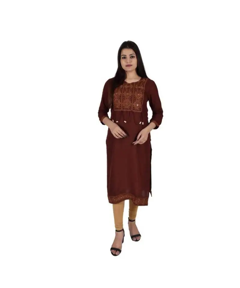 Womens rayon brown straight v neck calf length kurti