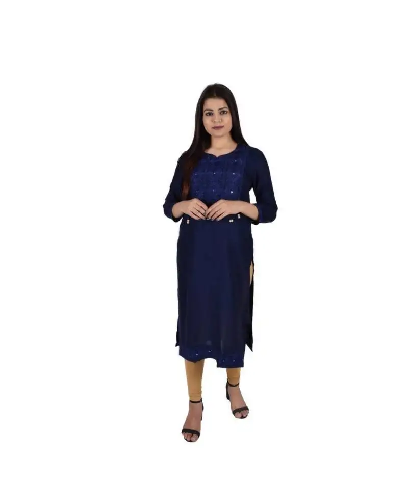 Womens rayon navy straight v neck calf length kurti