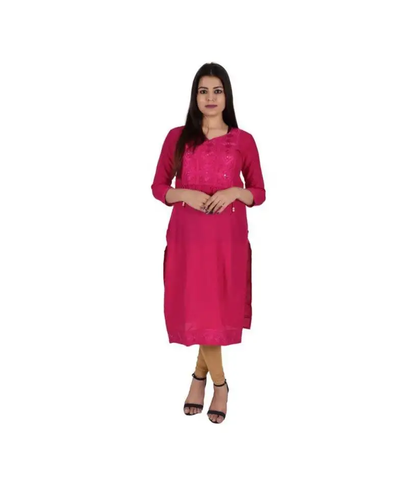 Womens rayon pink straight v neck calf length kurti
