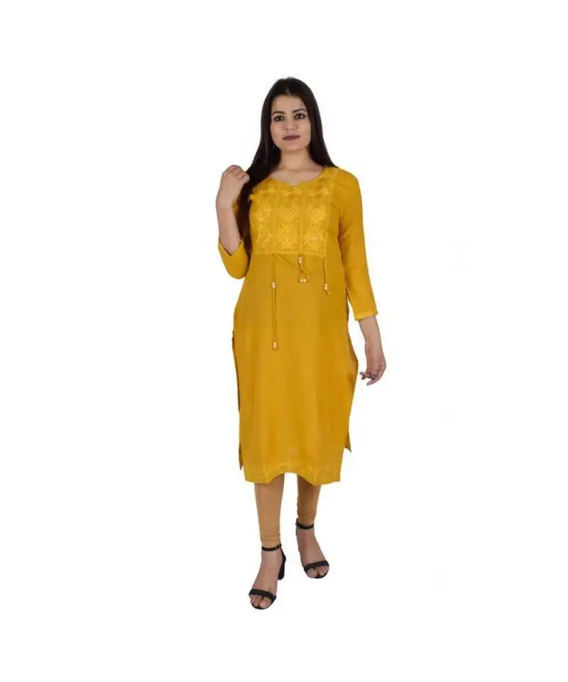 Womens rayon yellow straight v neck calf length kurti