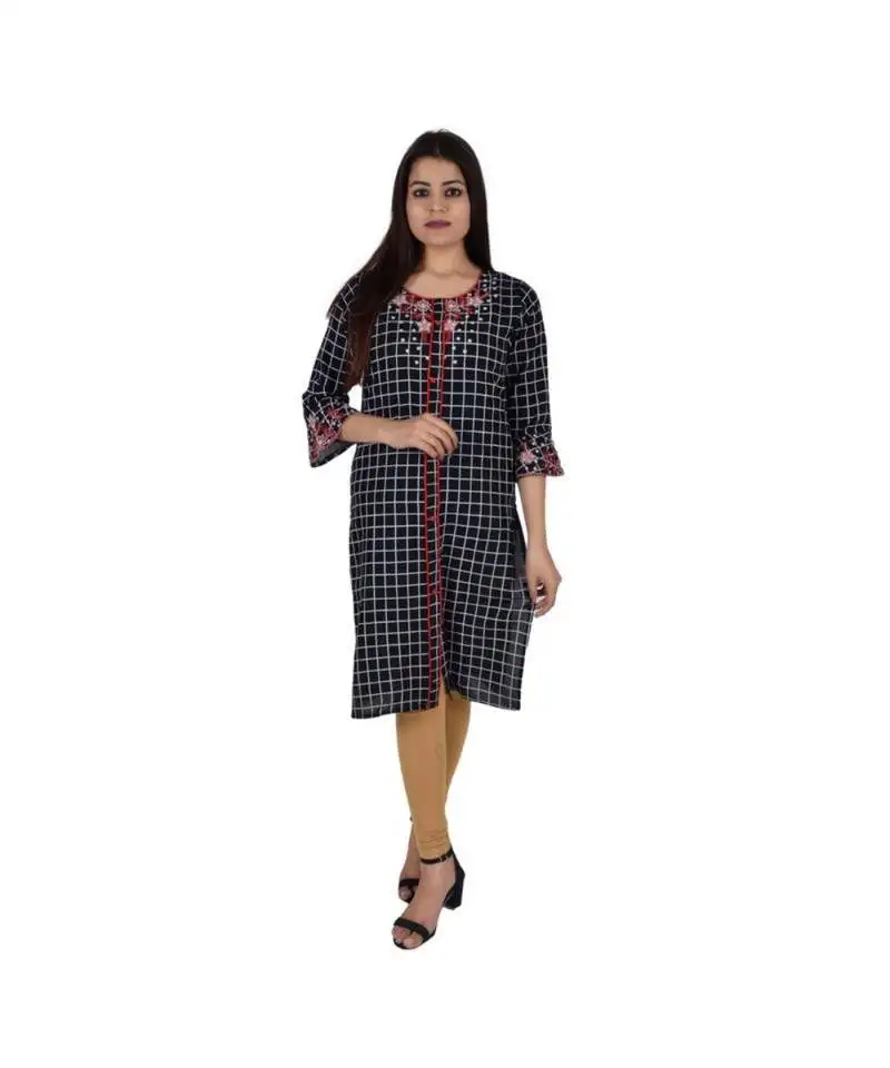 Womens rayon black straight round neck knee length kurti