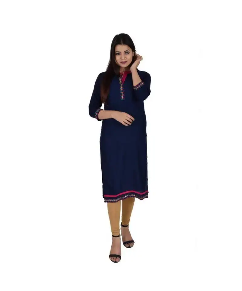 Womens rayon navy straight mandarin neck knee length kurti