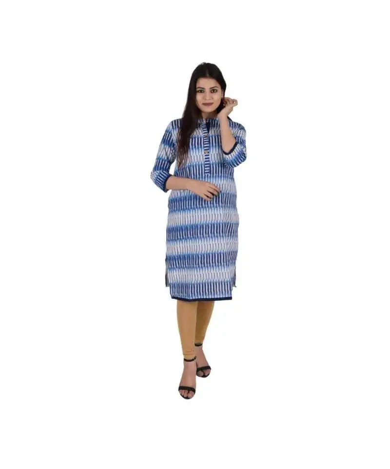 Womens cotton blue straight mandarin neck knee length kurti