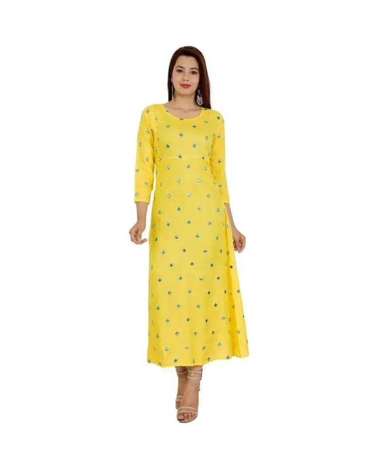 Women rayon a-line yellow both side embroidered & foil work long kurta kurti