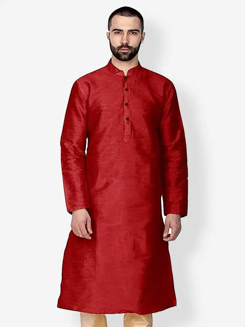 Men's art silk solid red colour straight kurta