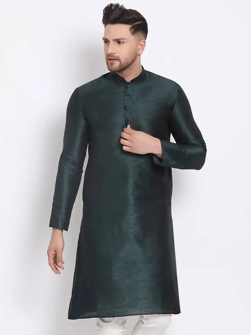 Men's art silk solid fourleaf green colour straight kurta