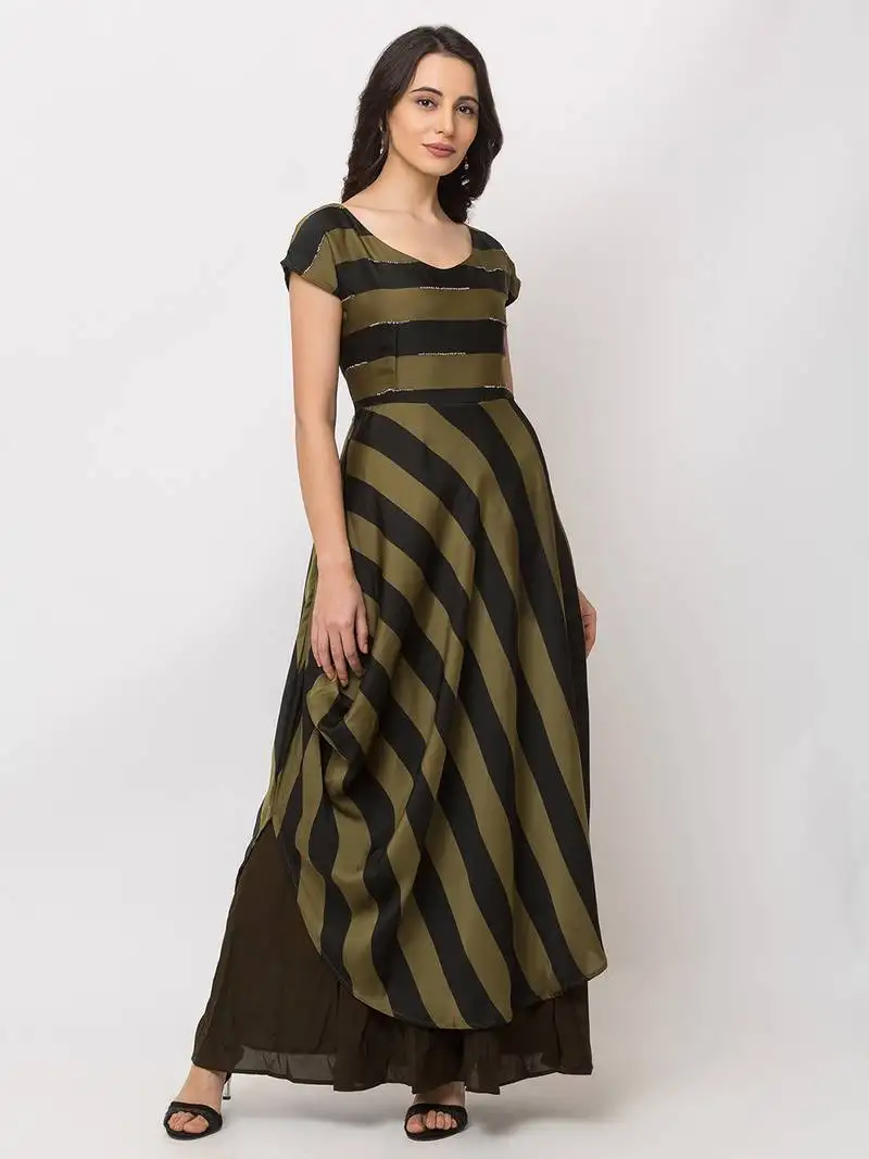 Sheczzar bottle green color striped floor length party wear gown.
