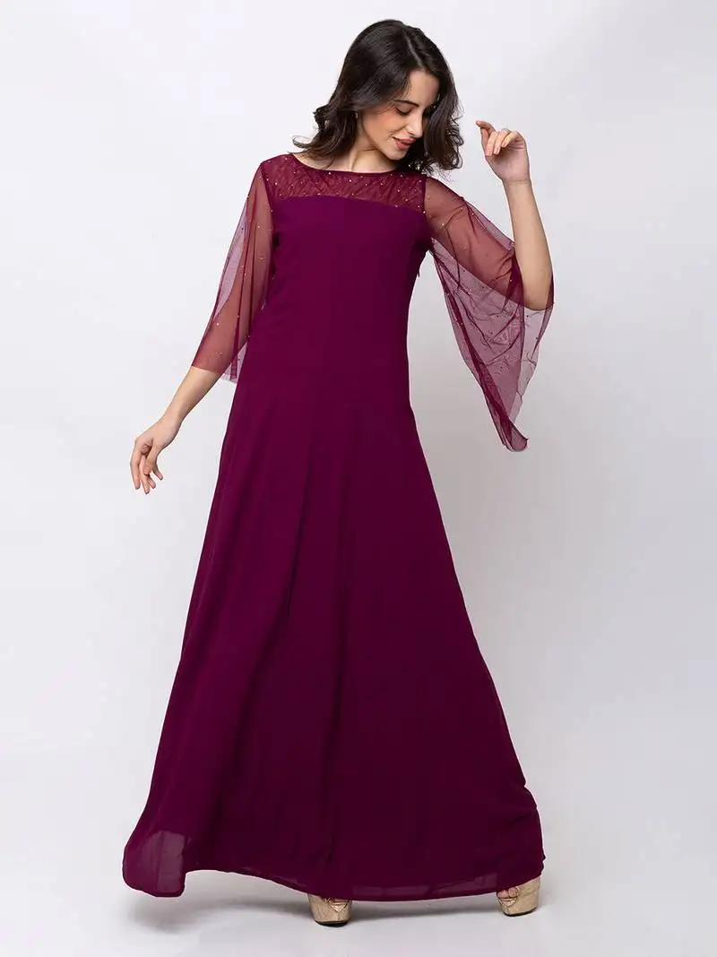 Sheczzar wine color georgette floor length party wear gown.
