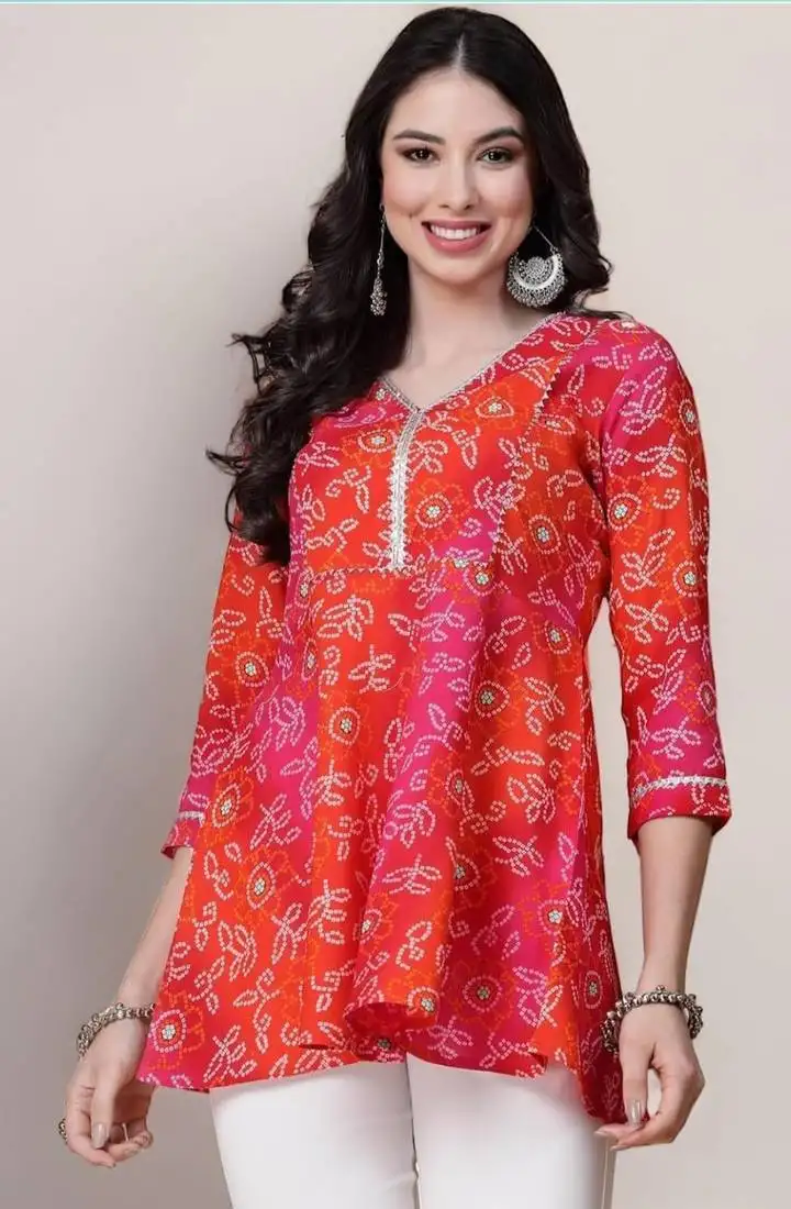 Bandhani print rayon short kurti with gota work – festive & casual wear top for women