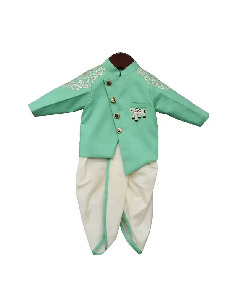 Sea green achkan with dhoti for boys