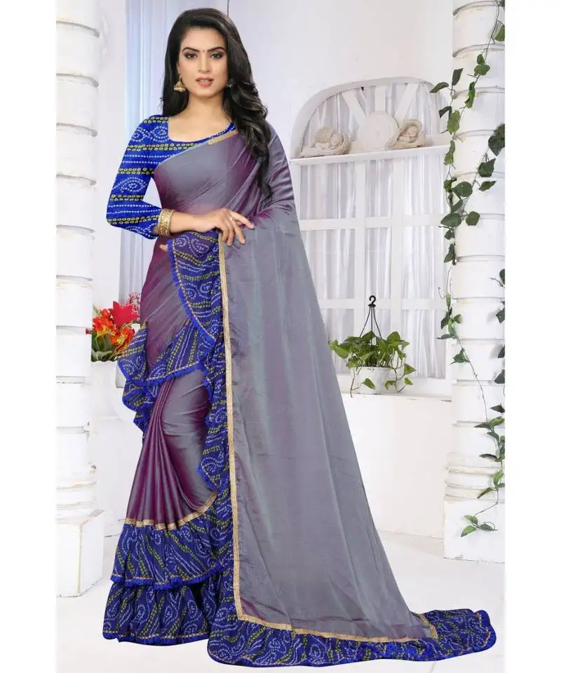 Blue printed chiffon saree with blouse