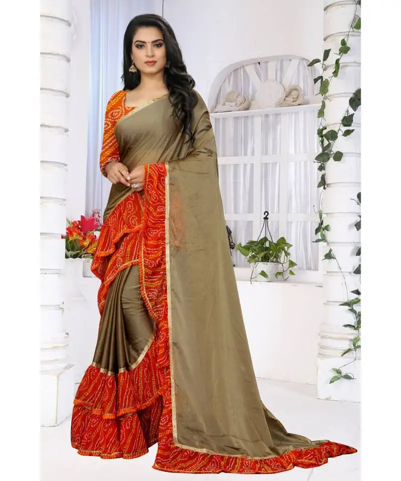 Beige printed chiffon saree with blouse
