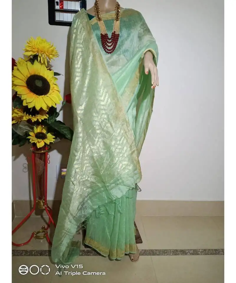 Green silk linen saree