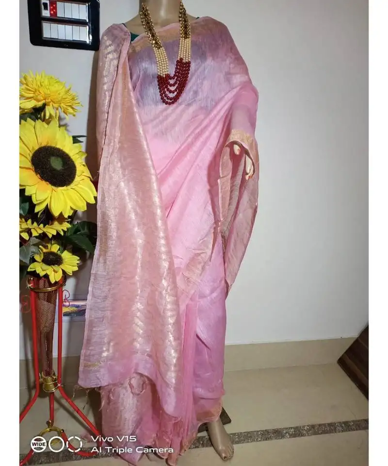 Pink silk linen saree