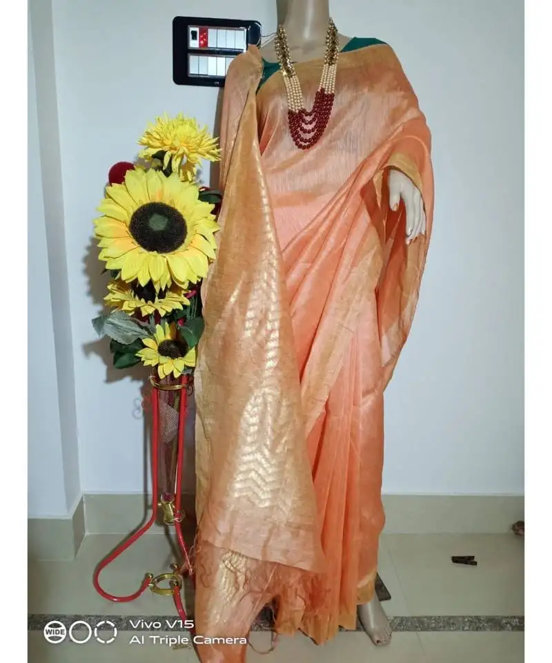 Cream silk linen saree