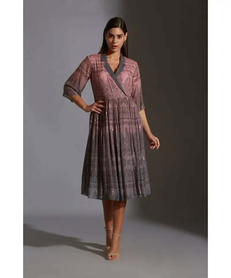 Overlap printed dress with mirror work embroidery