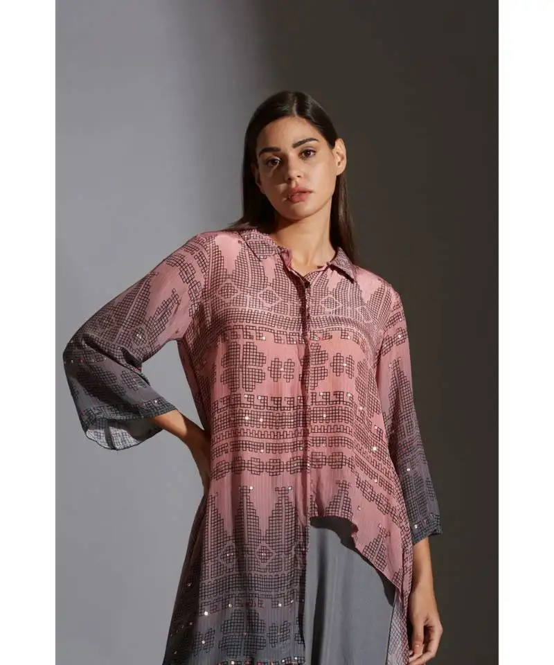 Printed asymmetrical top with mirror embroidery