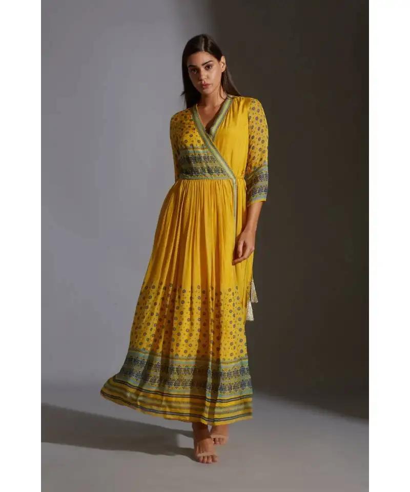 Overlap printed dress with gathers