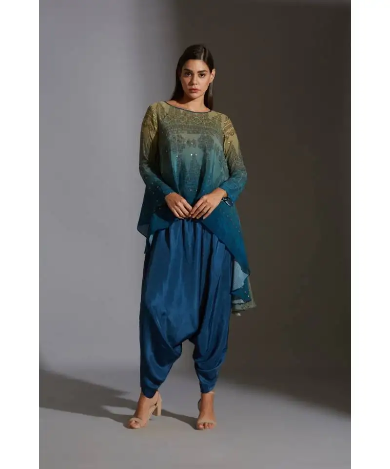 Asymetrical printed top with dhoti pants