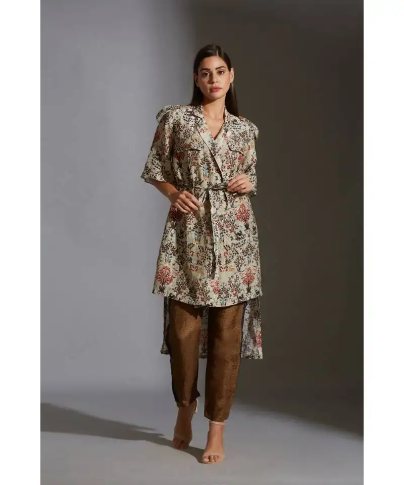 Overlap printed jacket with bell sleeves paired with printed trousers
