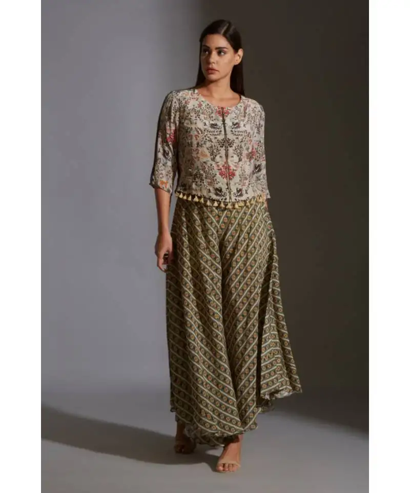 Beige moss crepe round printed jacket and palazzo set