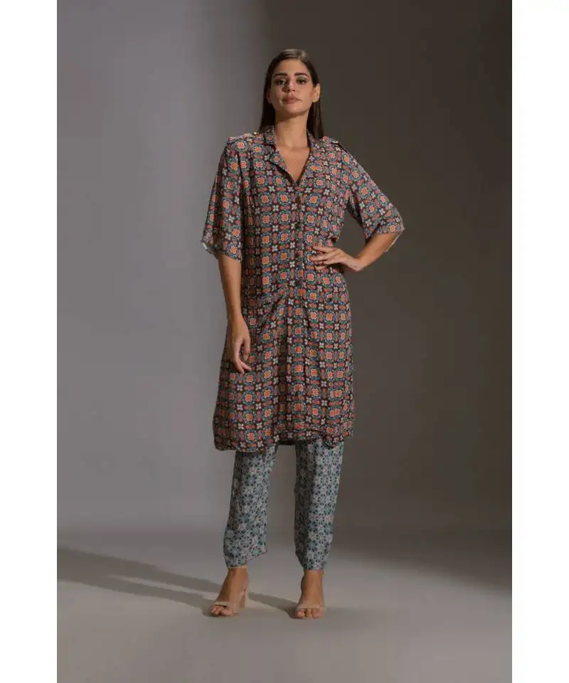 Printed kurta with shoulder flap paired with printed narrow pants