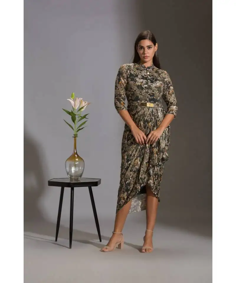 Printed sequence drape dress with goldenbelt