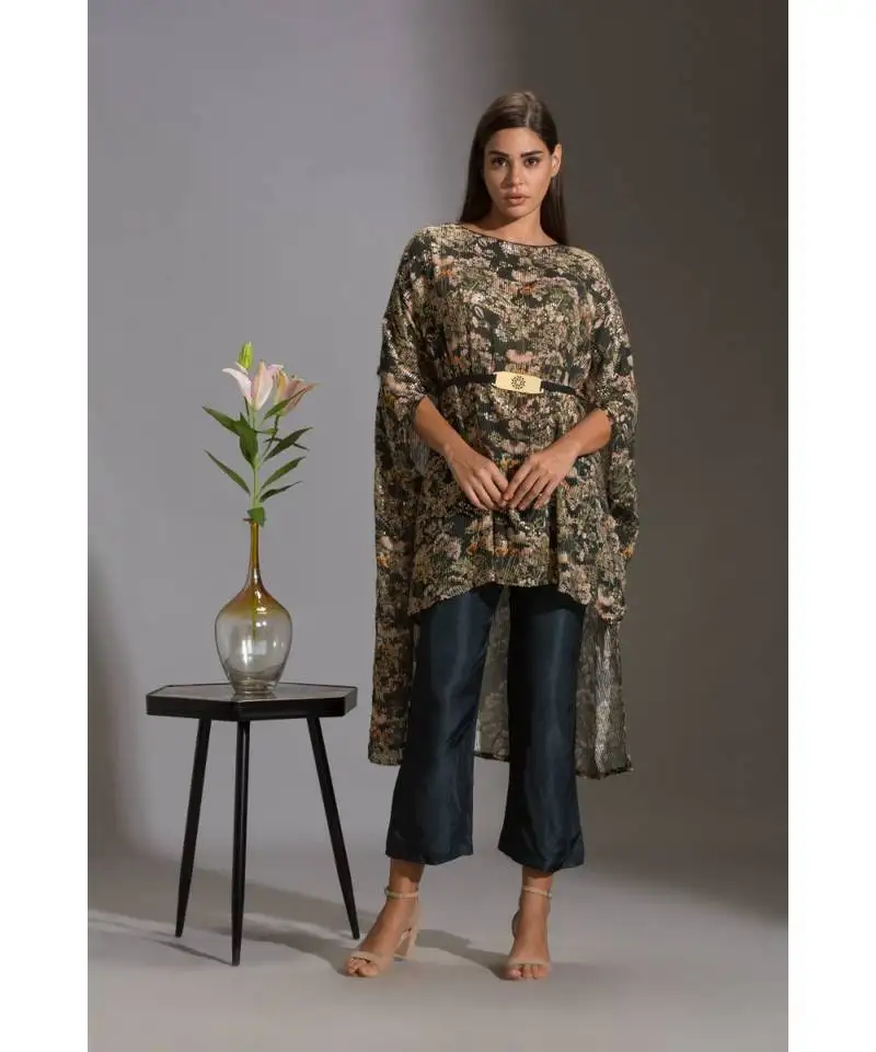 Kaftaan printed sequence top with belt paired with bottle green pants