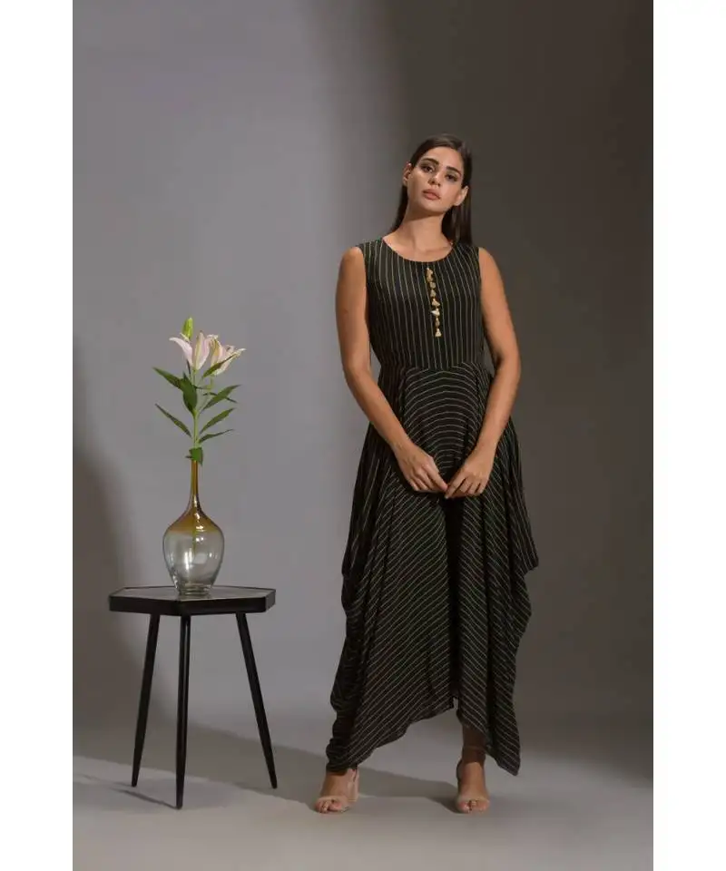 Black crepe round striped jumpsuit with sequinned jacket