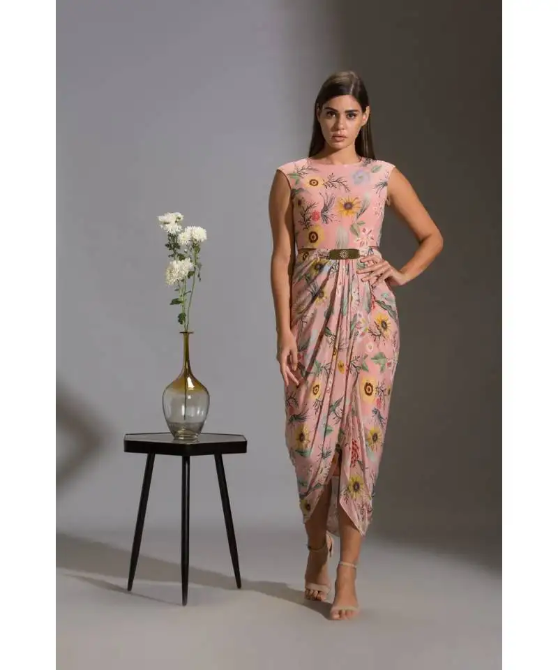 Pink crepe round printed dress with cape